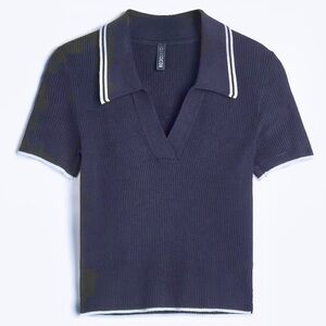 H&M- Ribbed Knit Top with Collar. Navy & White. Size: Small